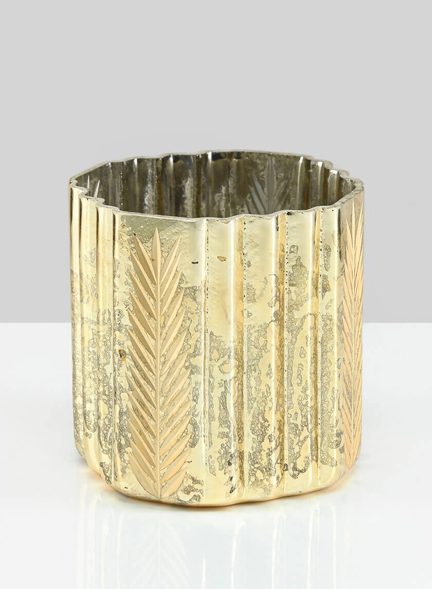 4in Tall Louvres Gold Leaf Etched Glass Candle Holder Decor Jamaligarden