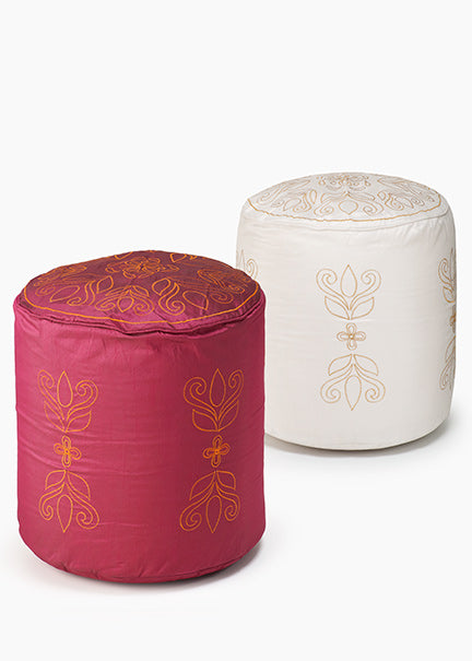 Embroidered White &amp; Pink Poufs Decor Jamaligarden
