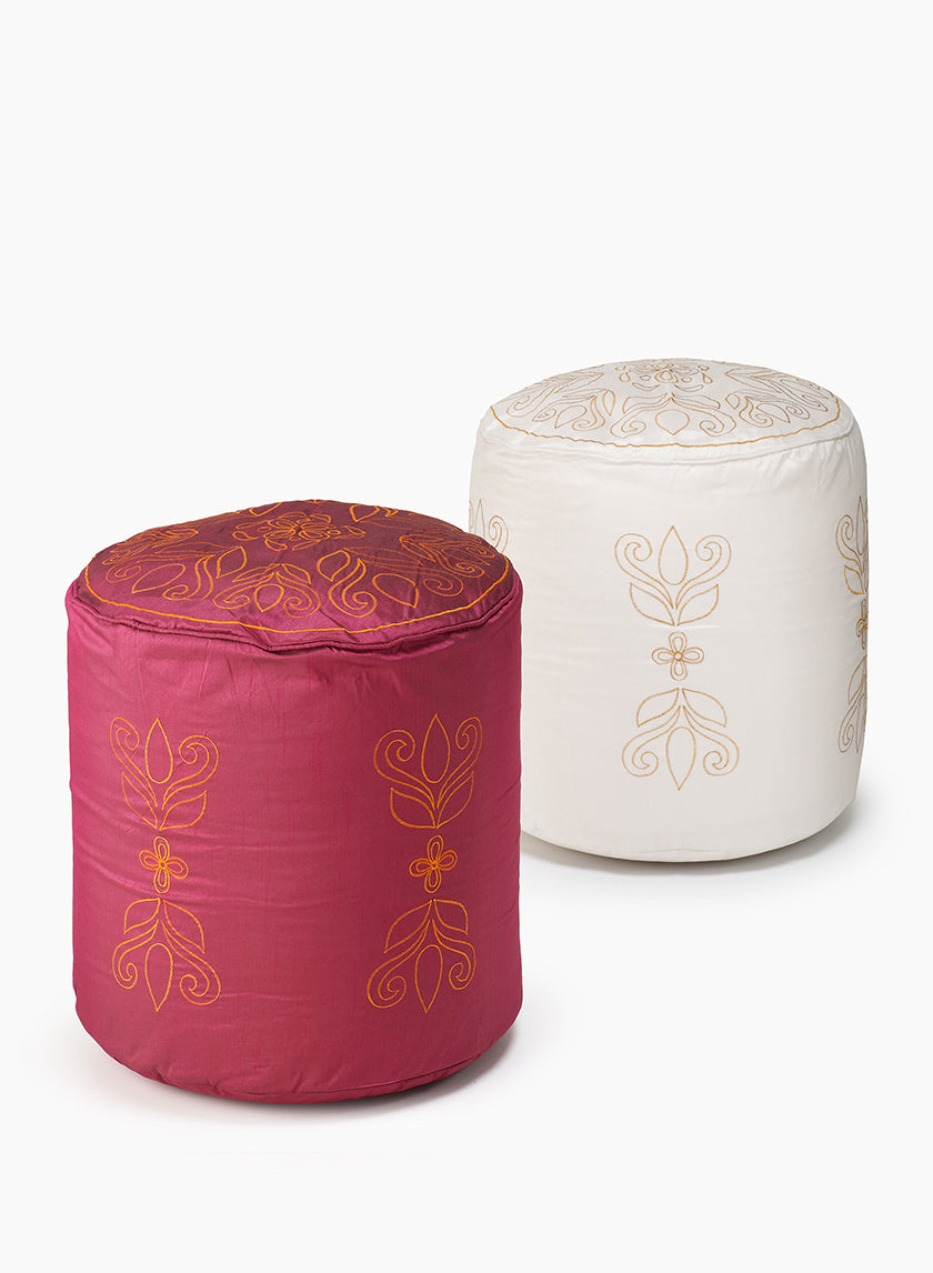 Embroidered White &amp; Pink Poufs Decor Jamaligarden