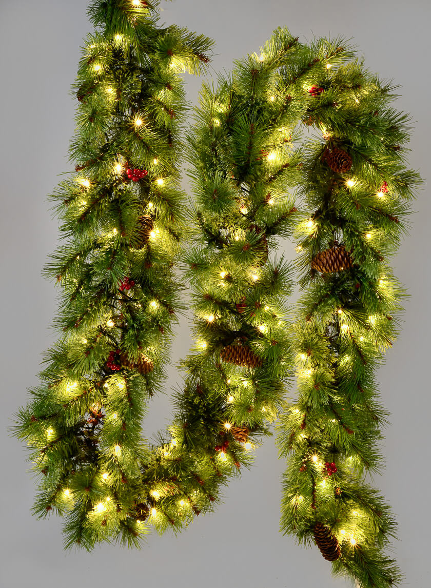9ft Long Pine Garland With 150 LED Lights, Pine Cones &amp; Berries Decor Jamaligarden