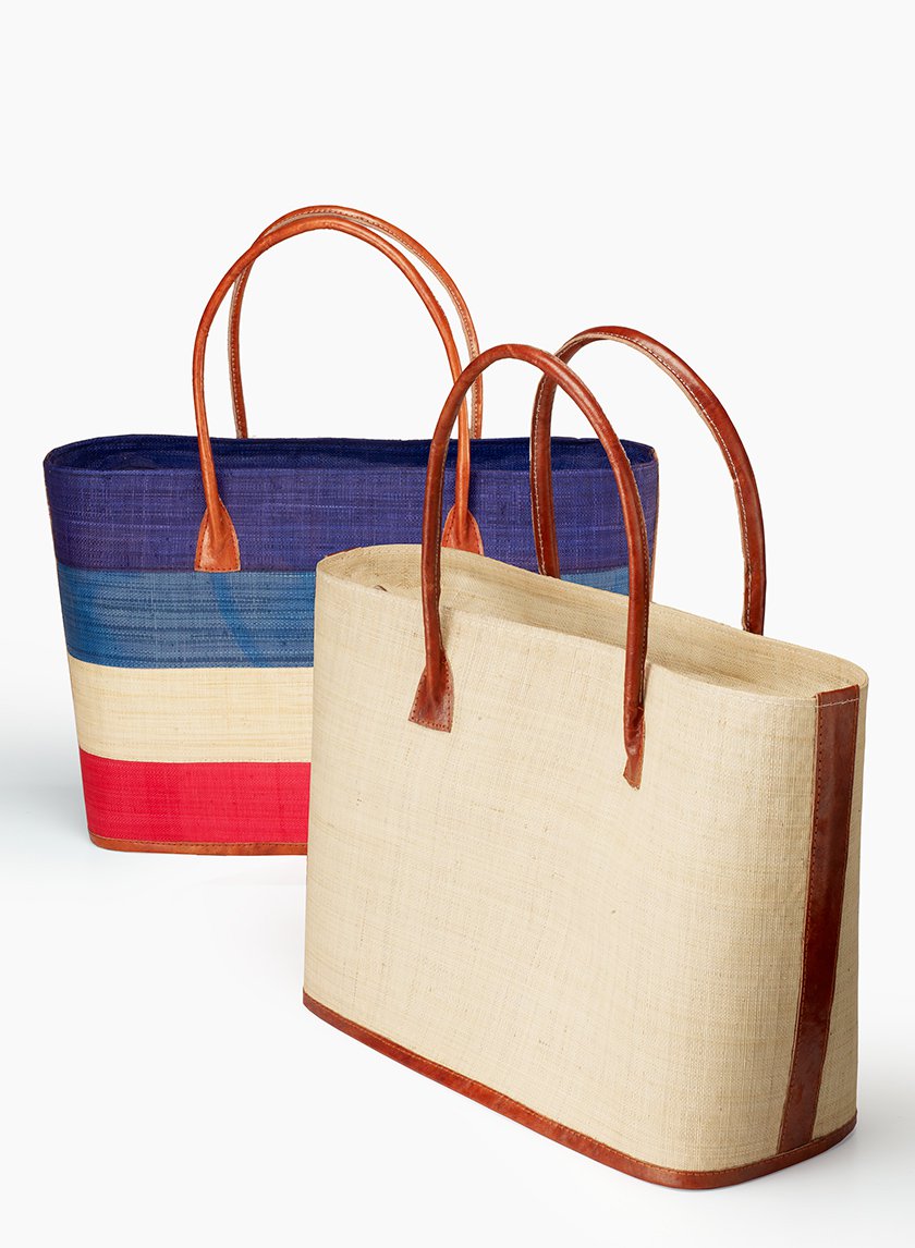 Natural &amp; Red, Natural, &amp; Blue Raffia &amp; Leather Bags Decor Jamaligarden