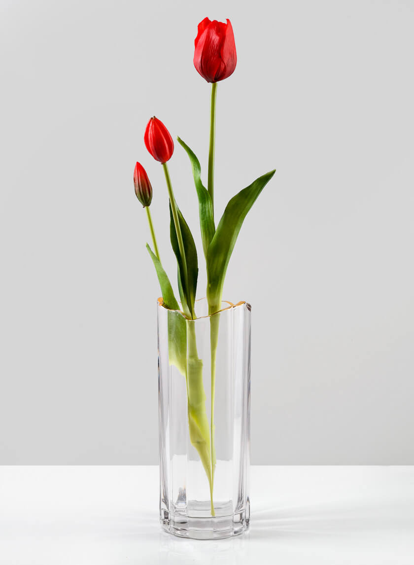 9.5in Tall Waves Gold Rim Faceted Glass Vase Decor Jamaligarden