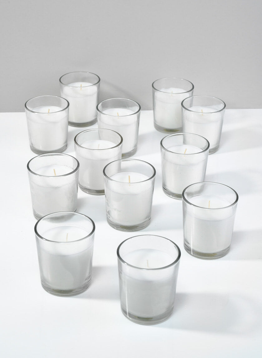 3in Tall White Votives In Clear Glass, 24-Hour Decor Jamaligarden