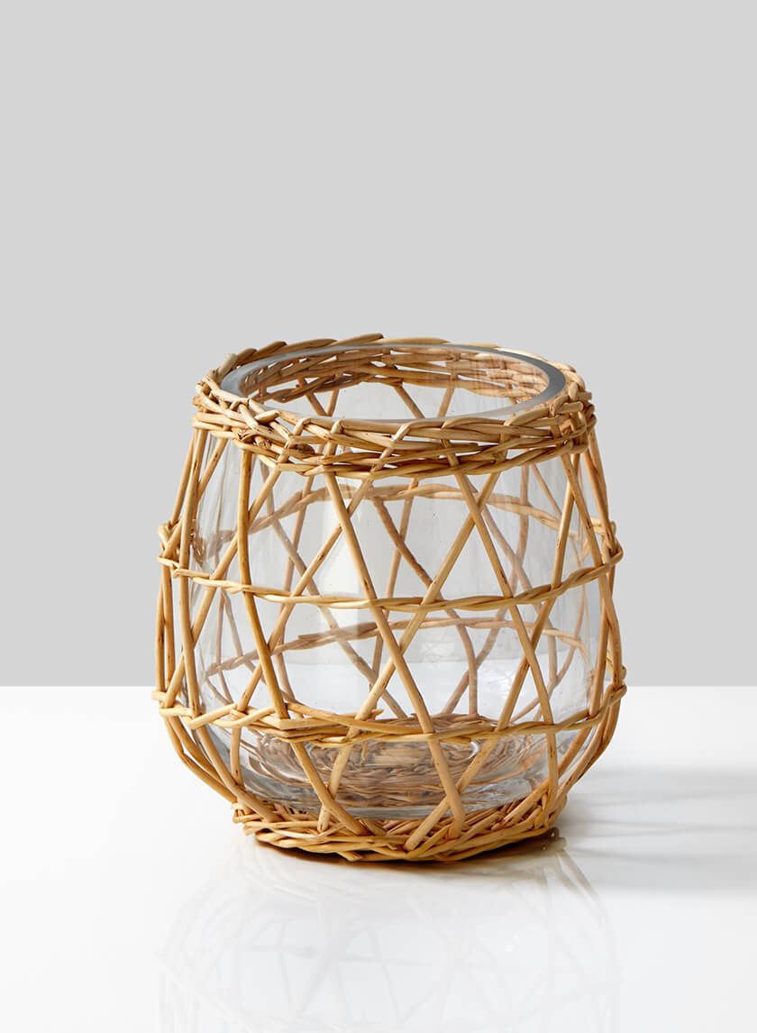 Hanoi Market Wicker &amp; Glass Candleholder Decor Jamaligarden